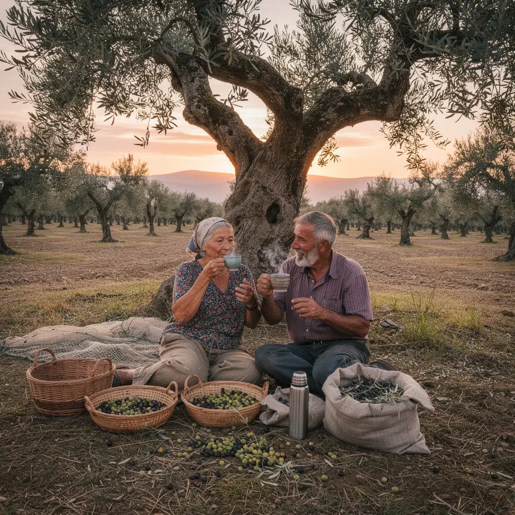 Osobe koje uživaju u čaju od maslinovih listova na terasi s pogledom na more.