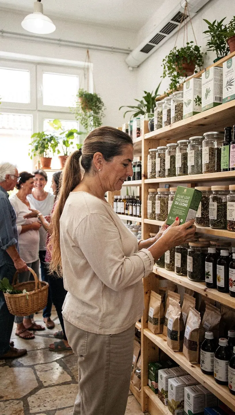 Čaj od maslinovog lista u staklenoj šalici na drvenom stolu s maslinama u pozadini