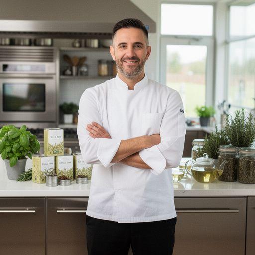 Čaj od maslinovog lista u šalici na drvenom stolu s mediteranskim biljem u pozadini